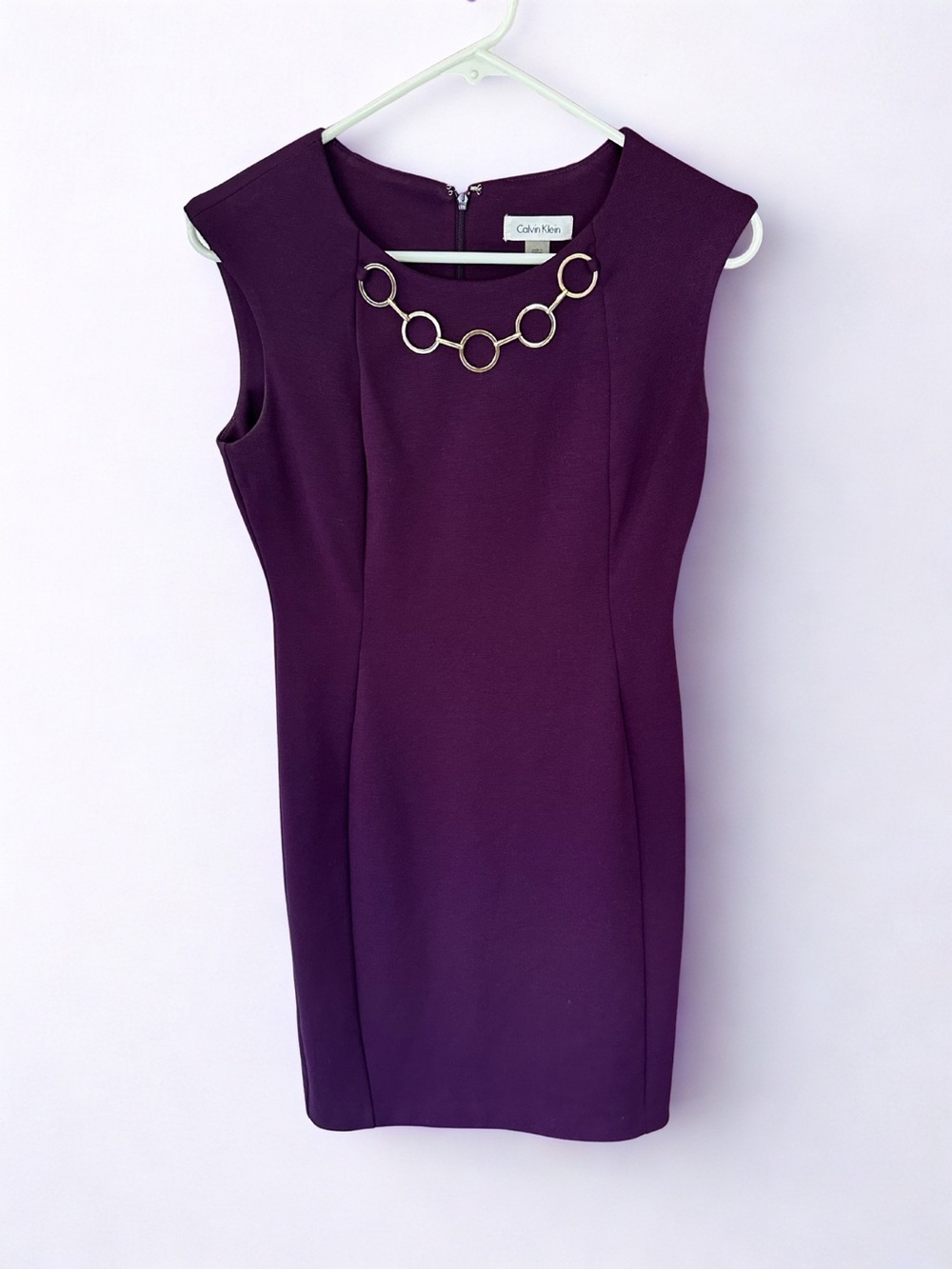 Calvin Klein Plum Sheath Dress with Gold-Tone Ring Necklace